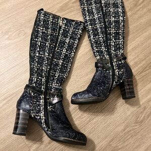 Tweed and Leather Black and White Women's Boots
